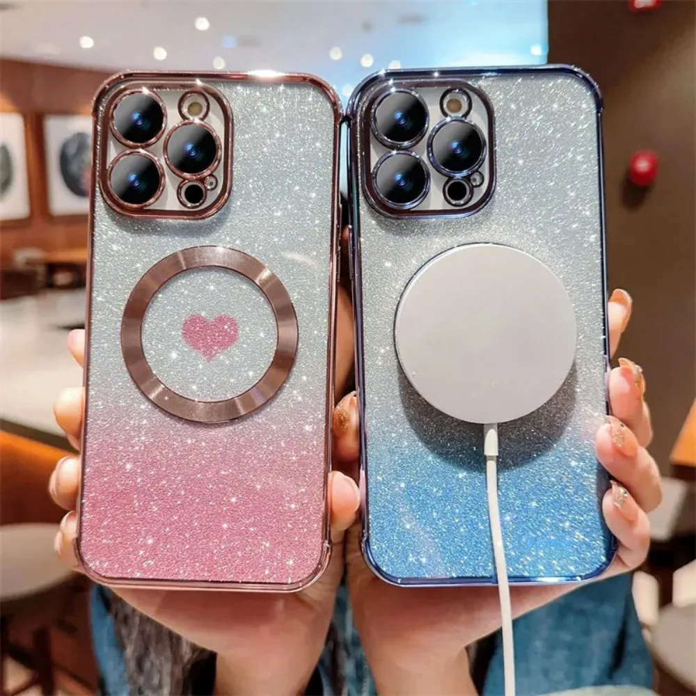 Soft TPU Electroplate Clear Case for iPhone 15 14 13 12 11 Pro Max Wireless Charging Magnetic Magsafes Cover Glitter Heart Paper