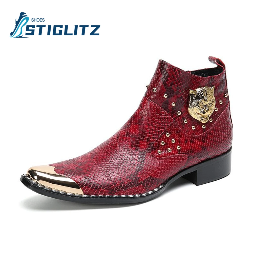 Solid Python Luxury Leather Boots Metal Iron Toe Rivets Tiger Head Fashion Men\'s Boots Men\'s Formal Genuine Leather Casual Shoes