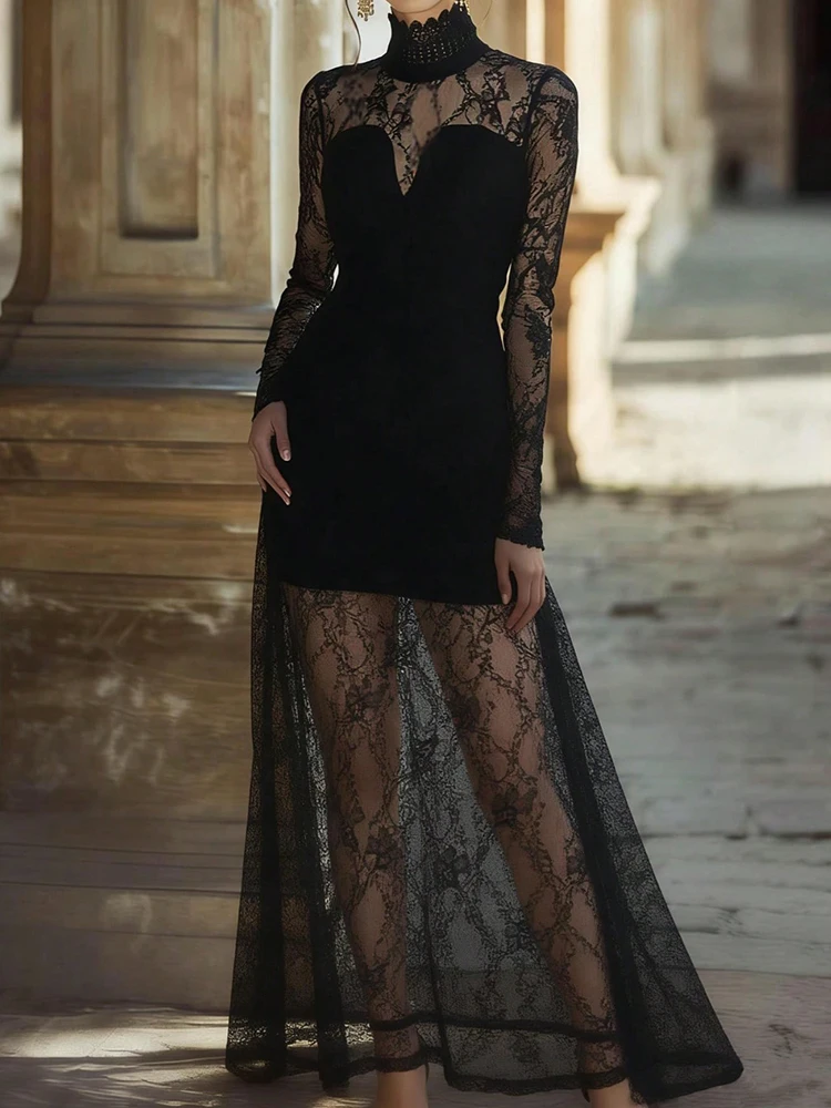 

Hollow Stand Collar Sexy Maxi Dress, Women Spring Autumn Long Sleeve Fashion Party Dress, 2026 Lace Patchwork Chic Ladies Dress