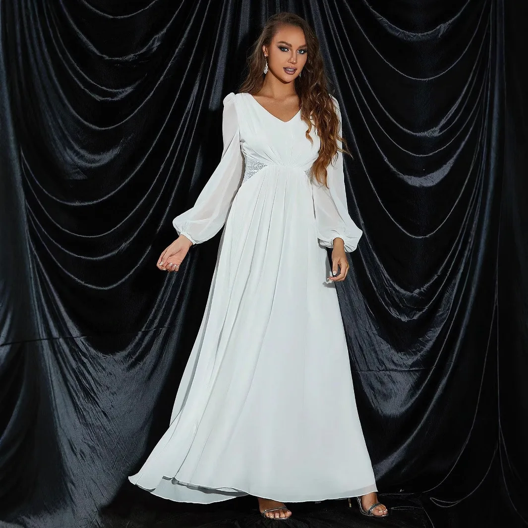 

Women's Dress Elegant Banquet V-neck Long Dress Evening Dress Waist Casual Vintage 2025 Summer Dress Robe Vestido Women Elegant