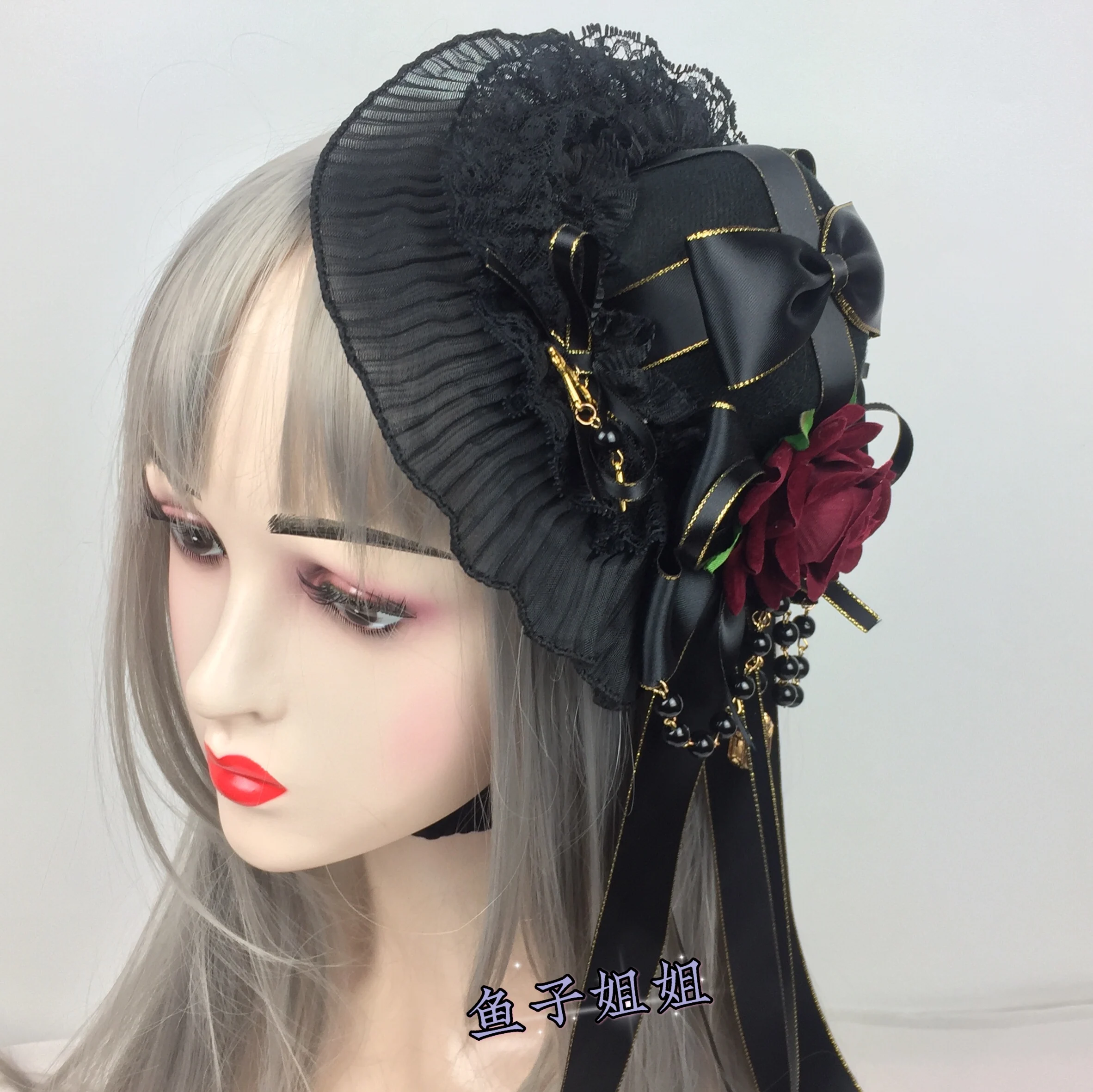 

Handmade Customerization Mini Lolita Fascinator Hat Gothic Rose Ribbon Bow Hat Hair Clips Girs Costume Party Prom Lace Headpiece