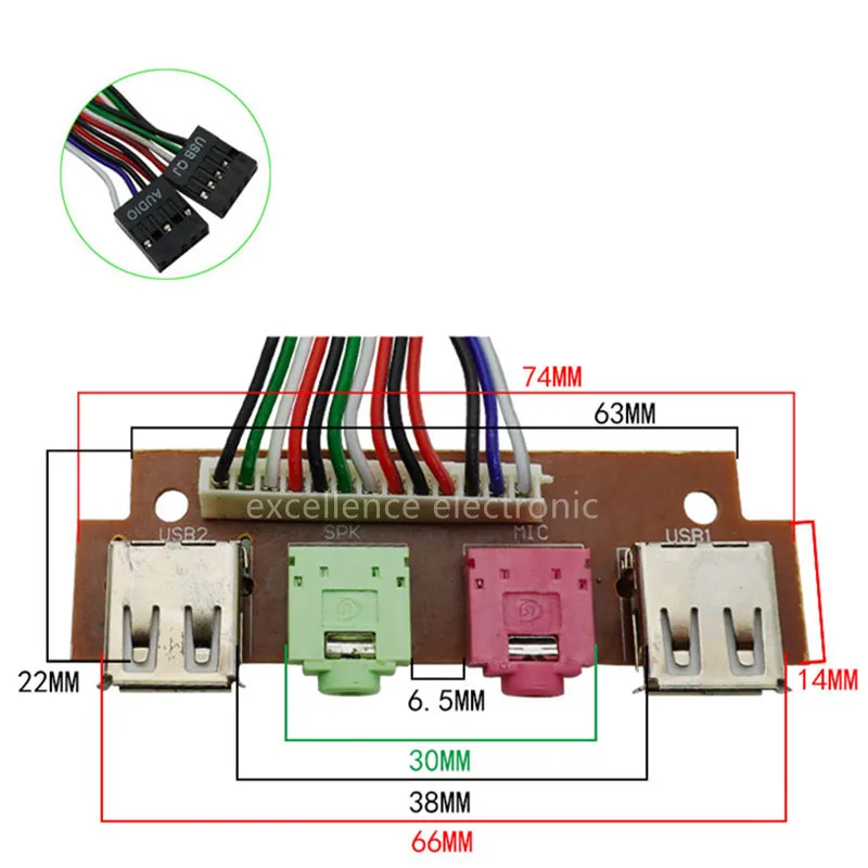 2 USB PC Computer Case 6.8/7.47.8cm Front Panel USB Audio Port Mic Earphone Cable