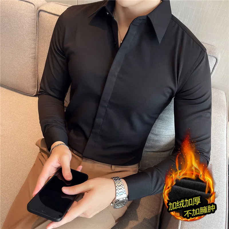 Winter Slim Fit Shirt Men Thick Warm Design Long Sleeve Business Shirts Chemise Homme Shirt Male Camisas Hombre Black White 2025