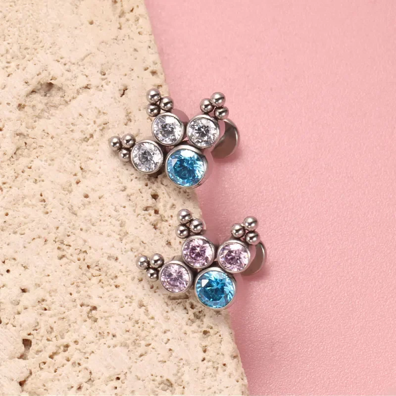 G23 Titanium Triple Beaded Piercing 16G 18G Internal Thread Labret Opal Zirconia Flat Bottom Stud Earring Piercing Body Jewelry