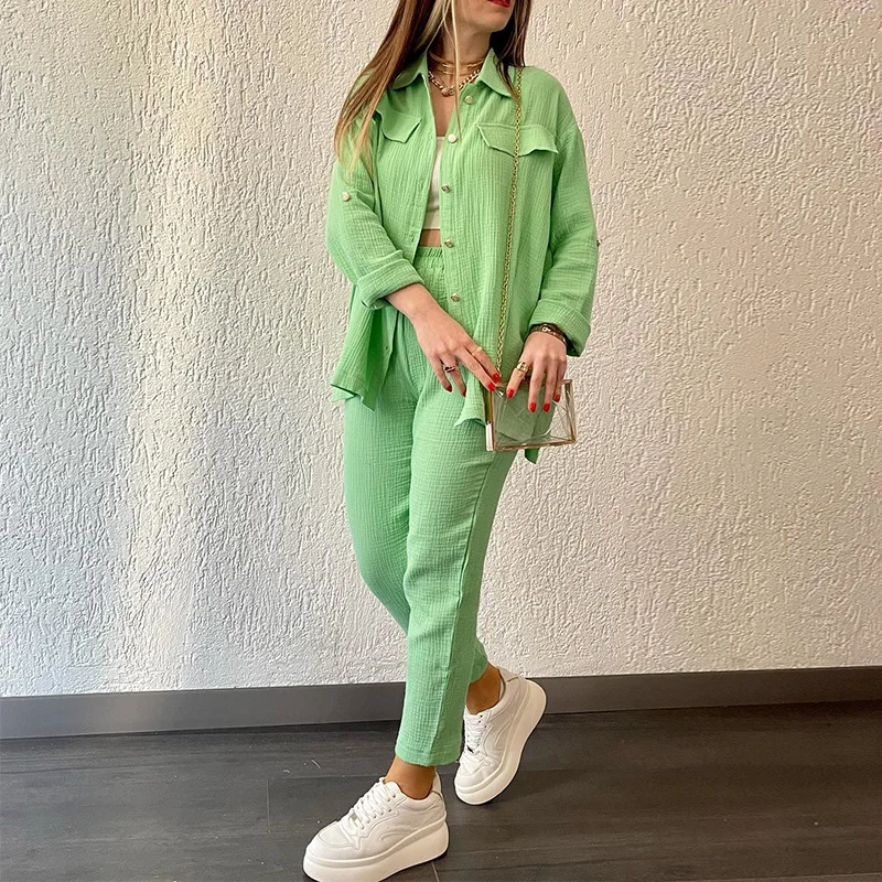 

Cotton Casual Sleepwear Pajamas Set For Women Turn-Down Collar Sleep Tops Cardigan Suits Long Pant Gauze Shirt Homewear Summer