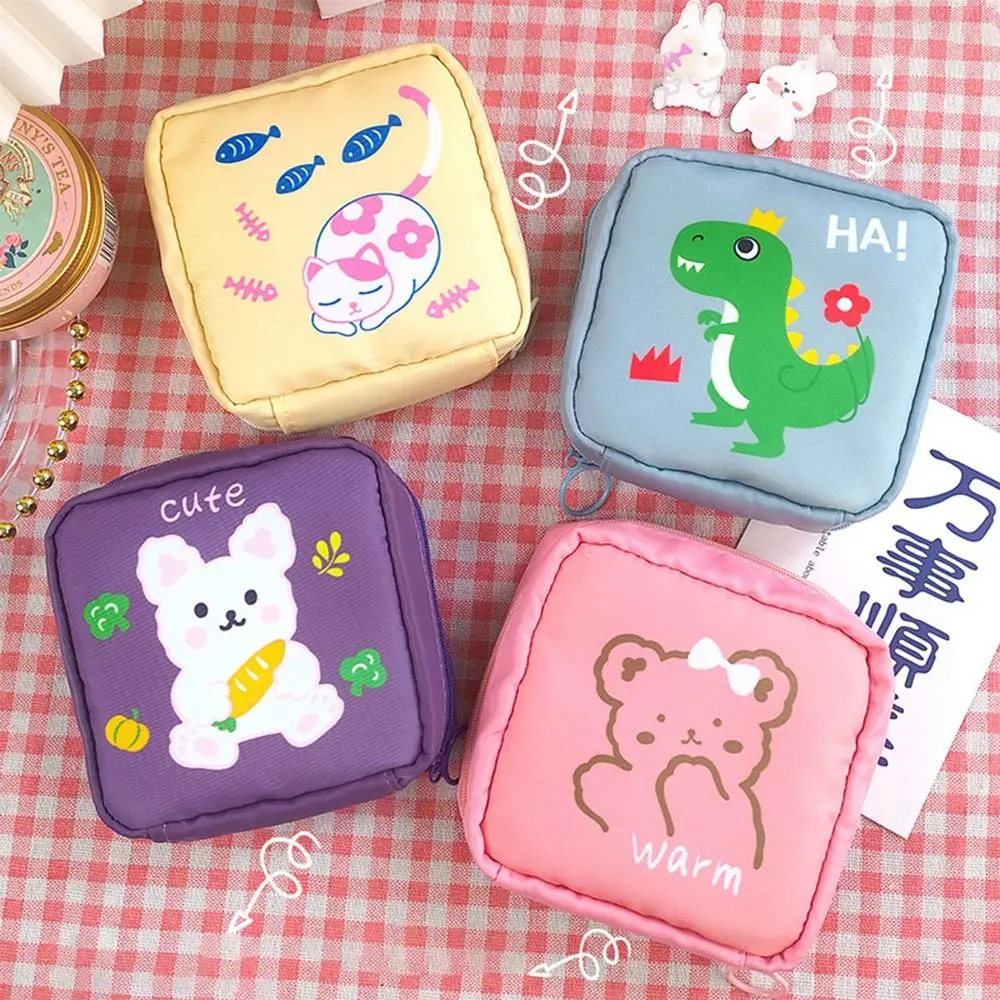 Multifunction Sanitary Napkins Storage Bag Cartoon ANimal Organizer Coin Purse Oxford Cloth Key Cards Earphone Data Cable Pocket