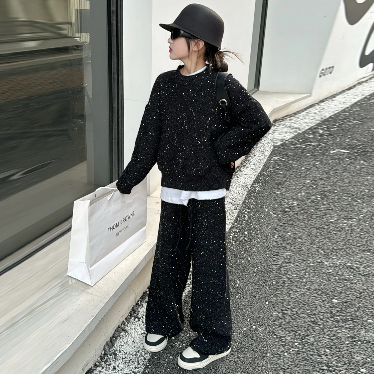 Spring French teen girls shiny clothes set sweatshirt+Wide leg pants 2pcs junior kid tracksuits outfits child clothing suit 4-14