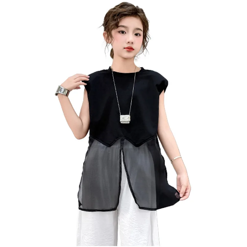 

2025 Summer teen girl Fashion Soft Breathable Mesh Splicing t-shirt Lightweight junior childrens tops kid clothes 4 6 8 10 12 14