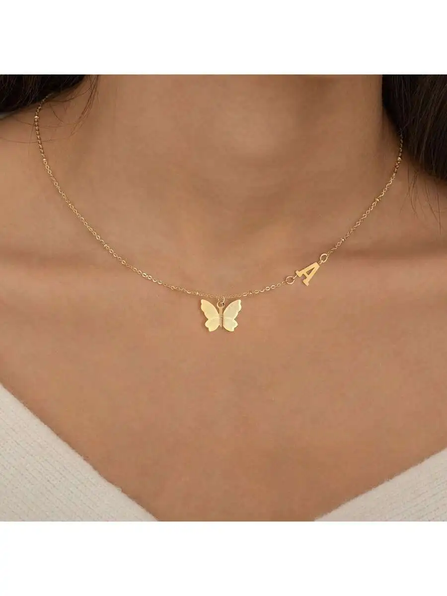 

Butterfly And Letter Pendant Stainless Steel Beaded Chain Necklace For Women