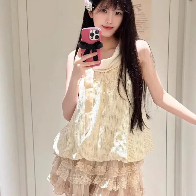

Sweet Halter Neck Beaded Sleeveless Top Lace Ruffle Mini Skirt Two Piece Set Kawaii Lolita Style Outfit