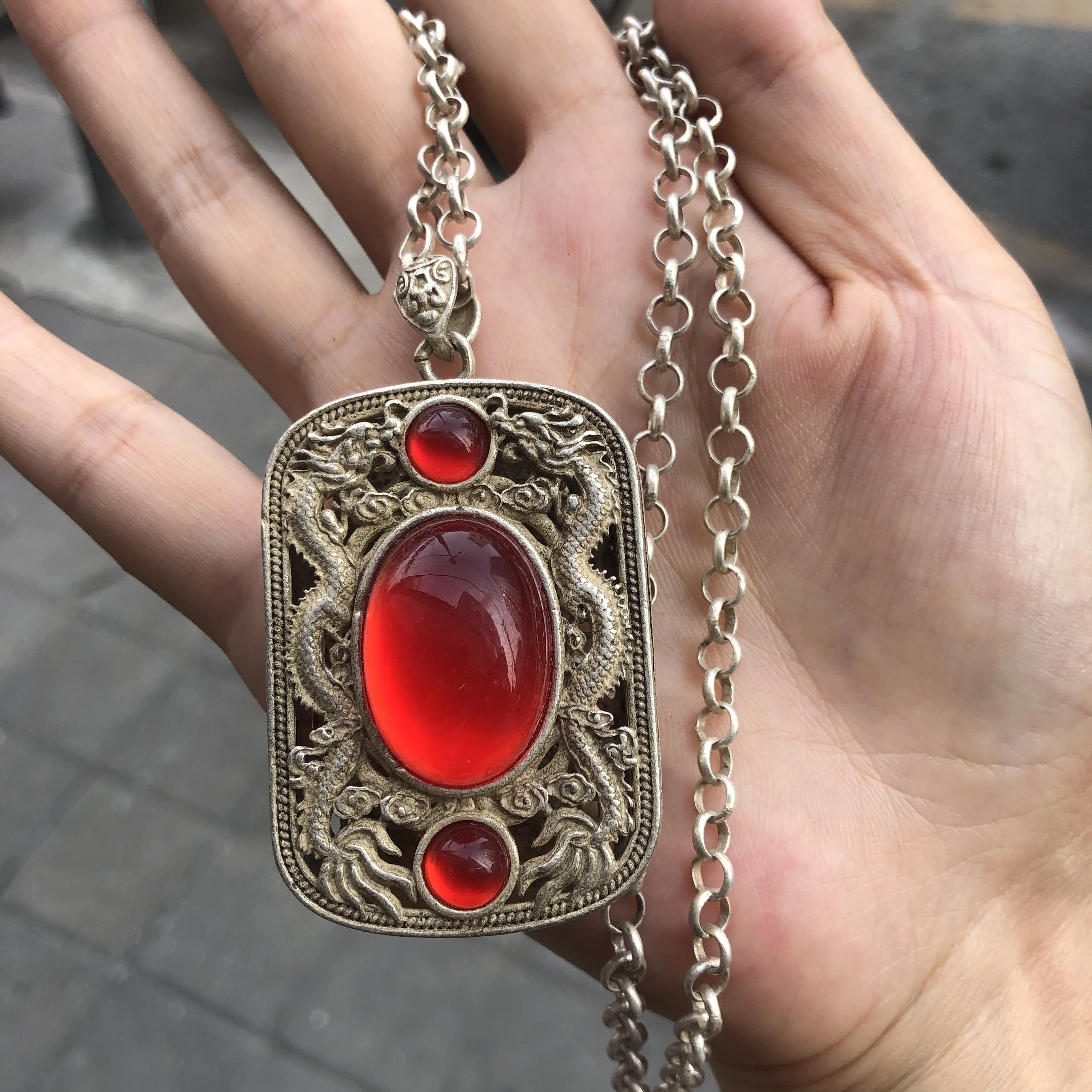 Vintage Chinese Qianlong Mark Silver Inlaid Green Jade Pendant, Hollow Double Dragon Carved Lucky Amulet Necklace, Antique Style