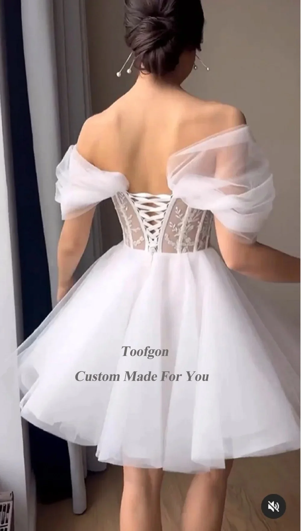 Cathy White Mini Tulle Wedding Dresses Off the Shoulder vestidos de noche Elegant Sleeveless Short Lace-up Back Formal Evening