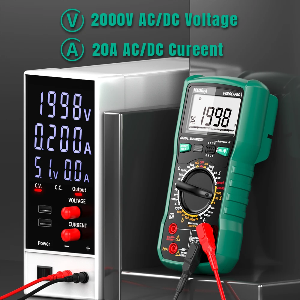 MASTFUYI 2000V/20A 6000 Counts True RMS Photovoltaic Digital Multimeter Ohm, Hz, Capacitance, Diode Tester and NCV Test Tools