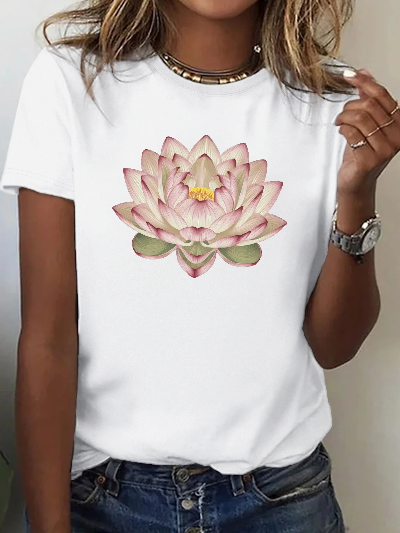 Women T-shirt Summer Short Sleeve Print Clothes T Shirt Watercolor Lotus Graphic Painting Bird Clothing Fashion Female Top