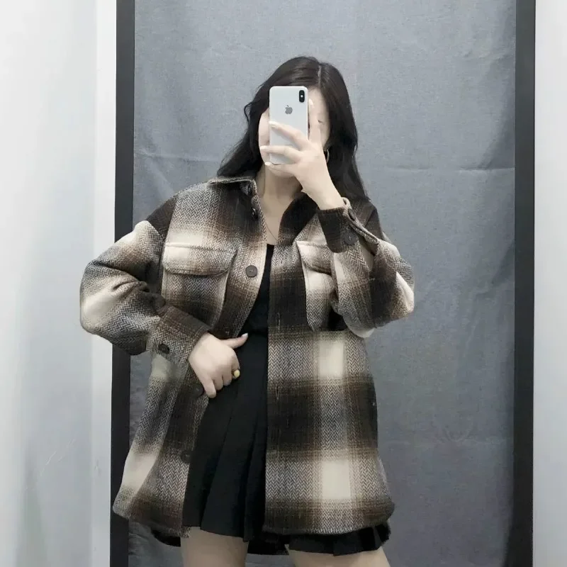 

Spring Autumn Thick Plaid Woolen Coats Women Long Sleeve Patchwork Hooded Jacket Female Vintage Chic Jacket with Pocket Button