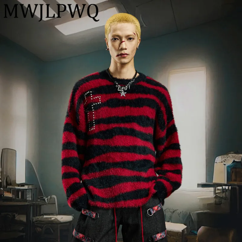 

MWJLPWQ мужской полосатый свитер Y2K со стразами High Street, пуловер с круглым вырезом, ленивый повседневный трикотаж, осень 2024, новые топы 12224