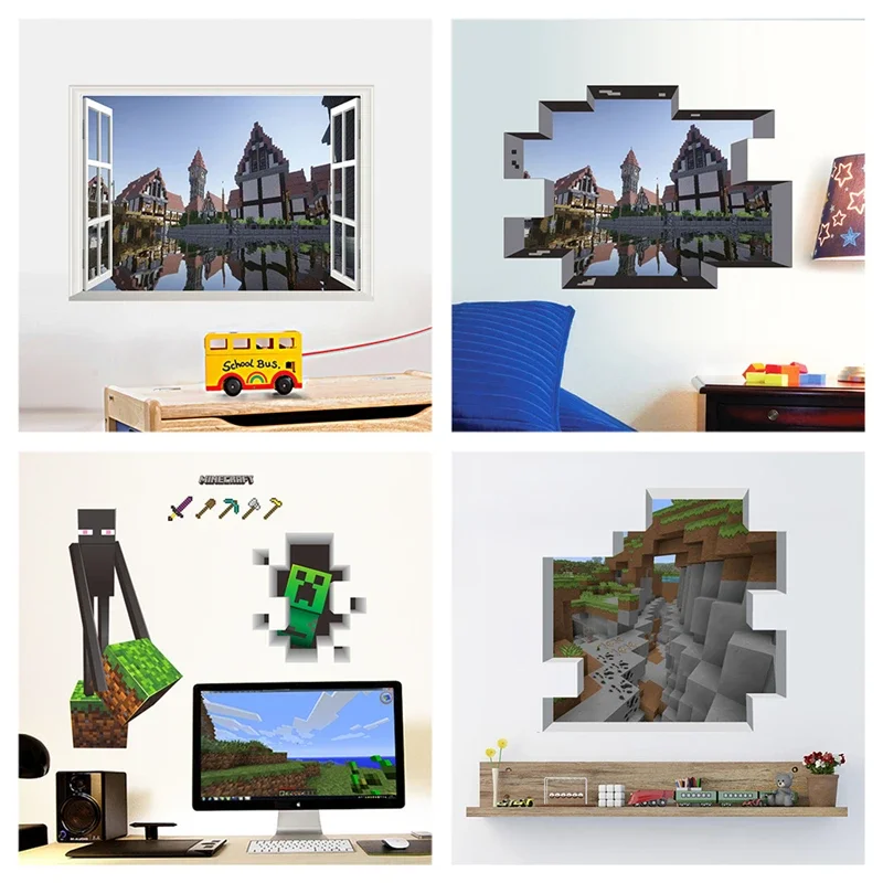 Popular Game Wall Art Stickers For  Room  Decoration Diy 3d Window Broken Hole Wall Mural Decals Pvc Poster