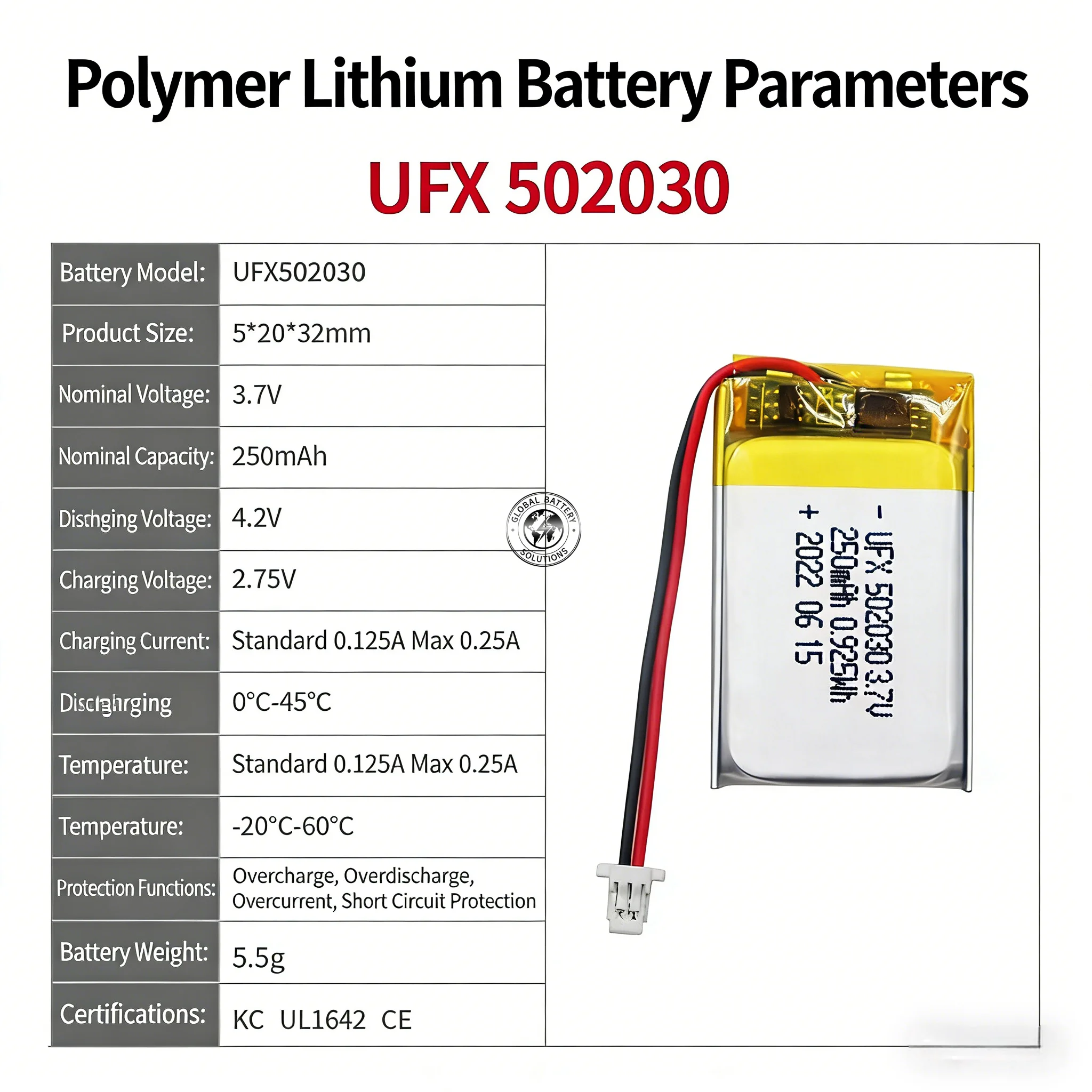 502030 3.7V 250mAh JST Lithium Polymer Battery for Wireless Bluetooth Headset Smart Watch Toy
