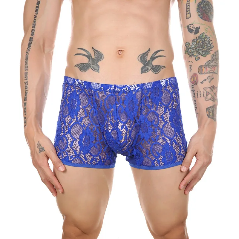 See Through Lace Underwear Man Bulge Pouch Underpants Transparent Panties Trunks Gay Sissy Long Boxer Briefs Breathable Shorts