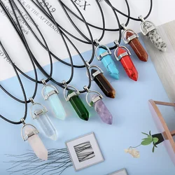 Natural Stone Pendant Necklace Women Girl Gift18inch PU Leather Hexagonal Column Pointed Reiki Chakra Lapis Opal Chunky Jewelry