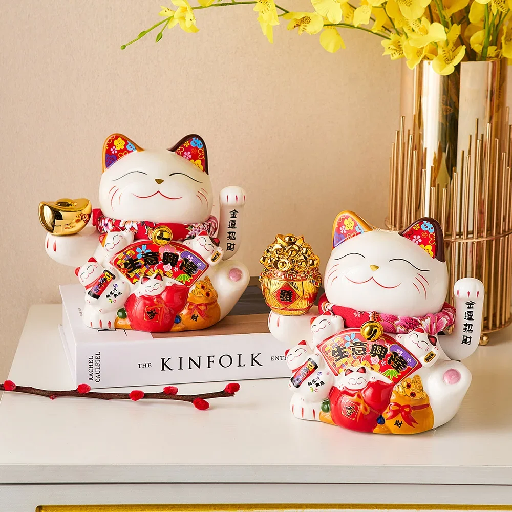 Fortune Cat Statue Room Decor Accessories Ceramic Maneki Neko Lucky Cat Home Decor Waving Hand Cat Feng Shui Ceramic