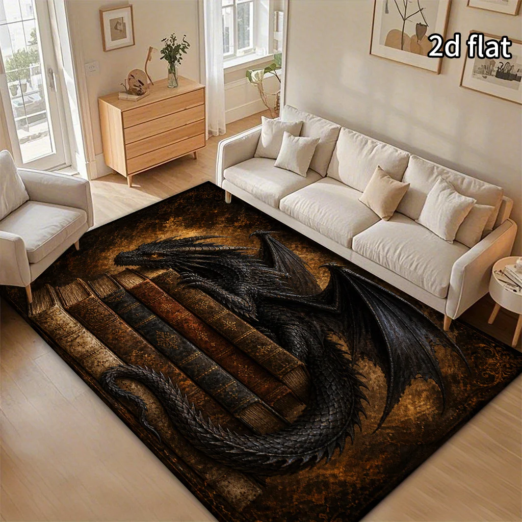 1pc 2D Flat Vintage Book & Dark Dragon Area Rug, Non-Slip Thick Pile Backing, Machine Washable, Jumbo Sizes Available