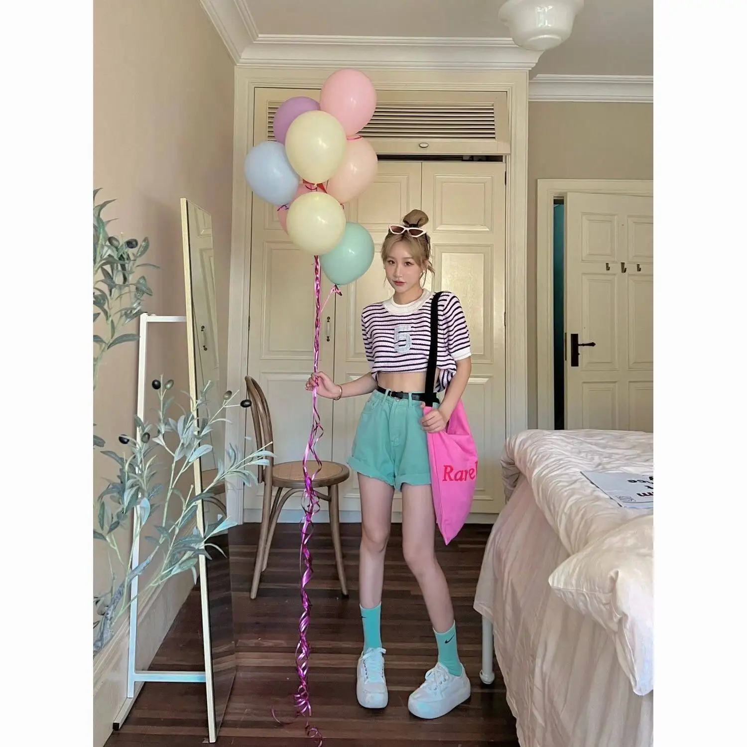 Sweet High Waist Wide Leg Jeans Shorts Youth Mint Wave Korean Style Summer New Loose Slimming Cotton Denim Shorts for Women