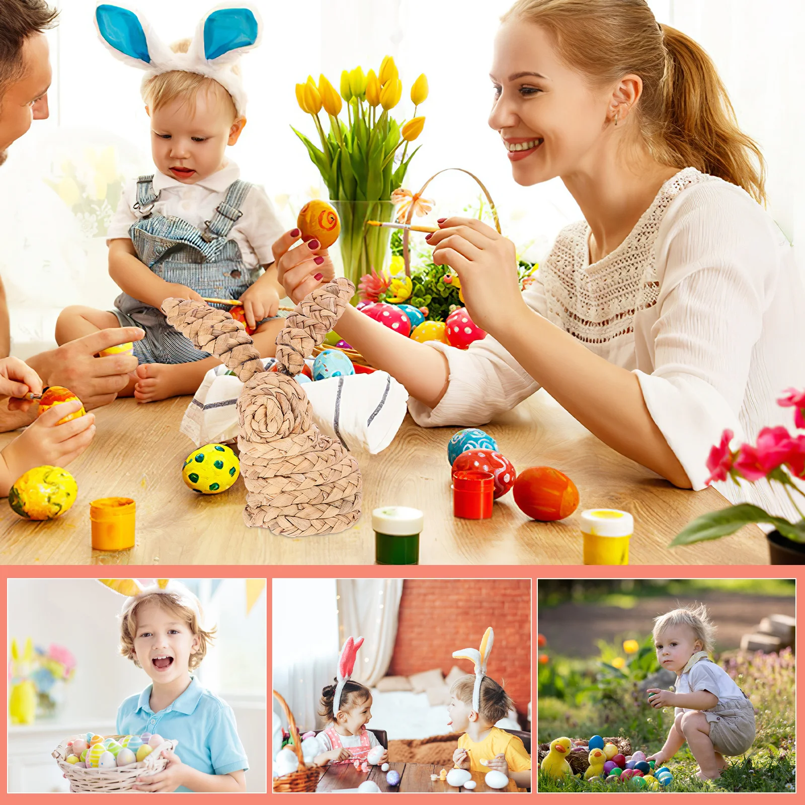 

Creative Straw Woven Rabbit Decoration Easter Theme Home Party Decor Rustic Bunny Craft for Living Room Shelf Display