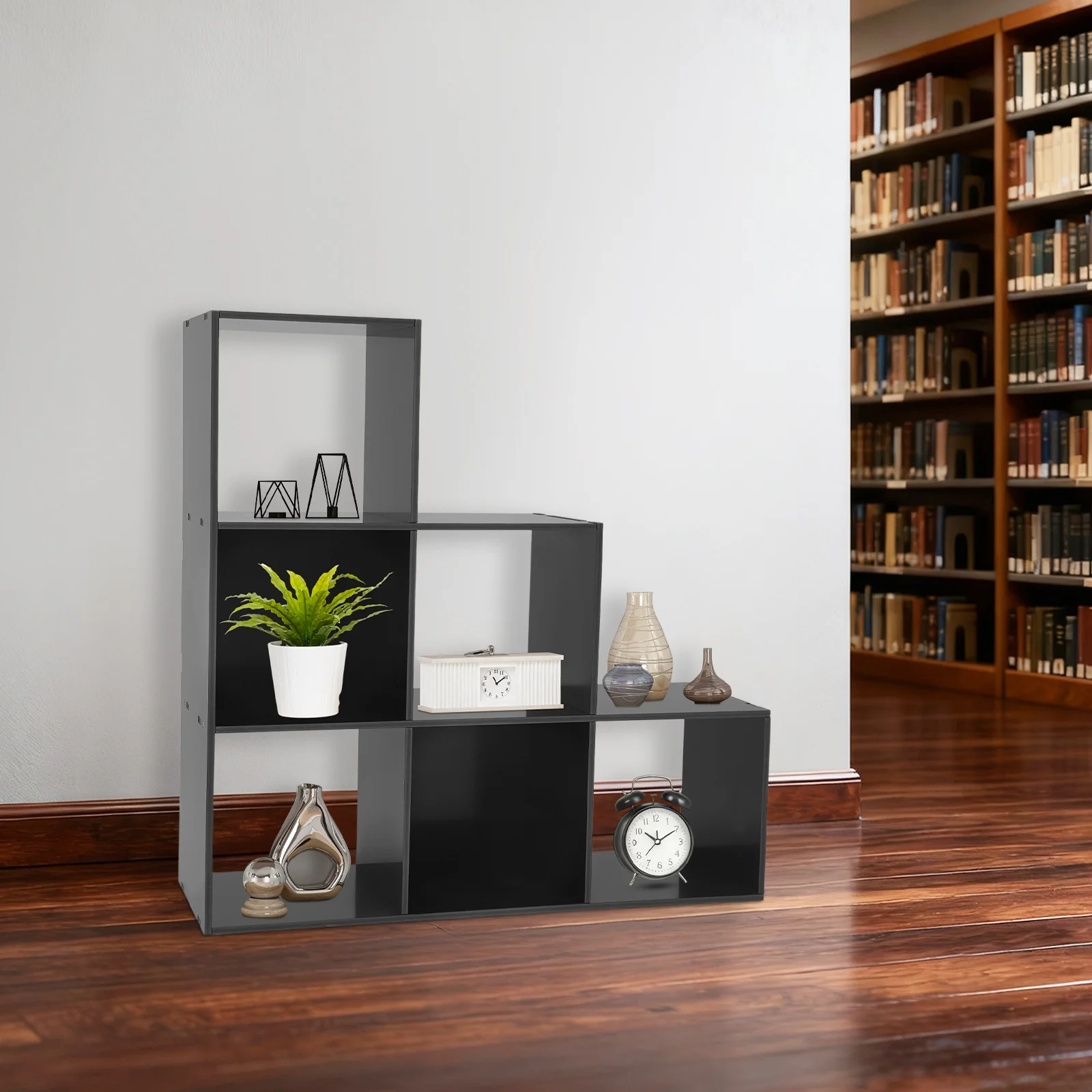 

L-Shaped Storage Bookcase, Freestanding L-Shaped Stepped Bookcase, 6-Compartment Corner Storage Case for Home, Office, Black