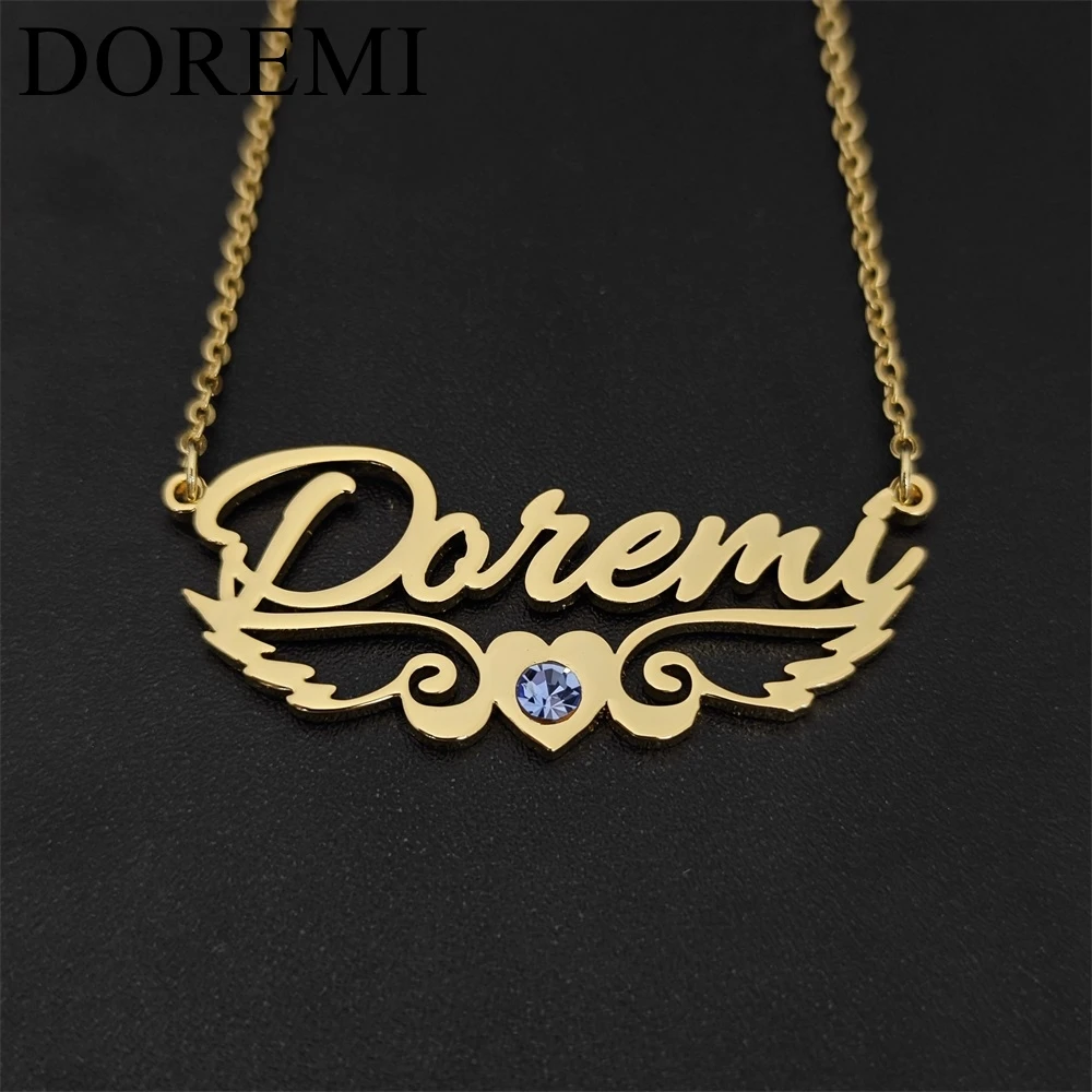 DOREMI Personalised Gold Ladies Jewelry Cursive Classic Wings Birthstone Necklace Women Custom Name Jewelry Colorful Necklace