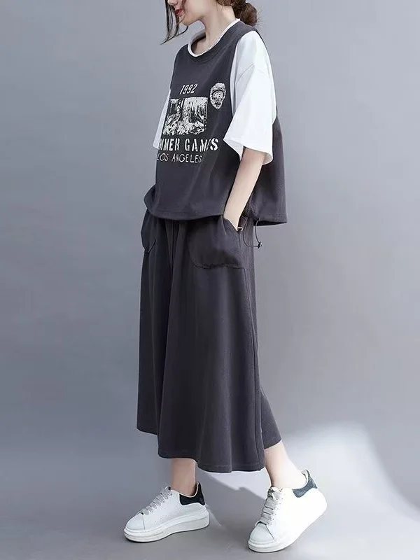 

Summer Feel Fake Two-Piece T-Shirt And Midi Skirt Loose Fashionable Set Casual Wear for Women in China