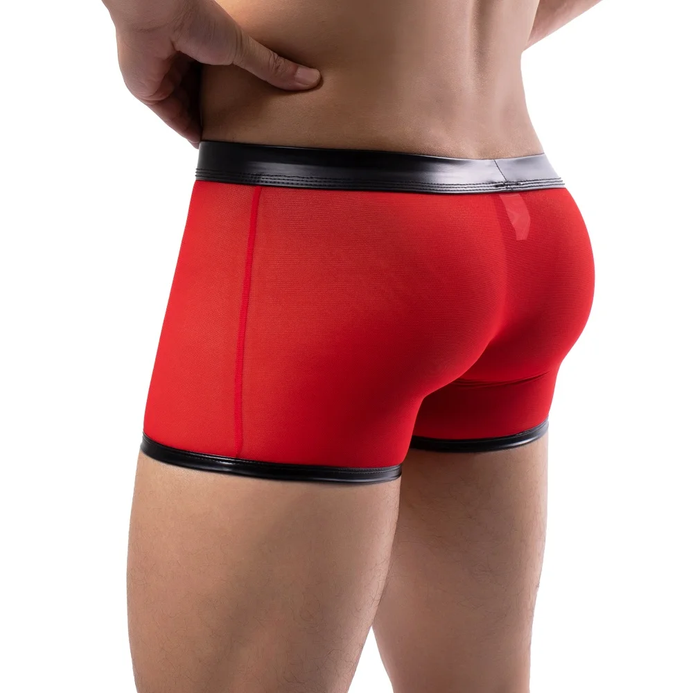 

Мужские трусы из искусственной кожи, сетчатые трусы на пуговицах спереди, открытая выпуклая сумка, нижнее белье, дышащие прозрачные шорты-боксеры