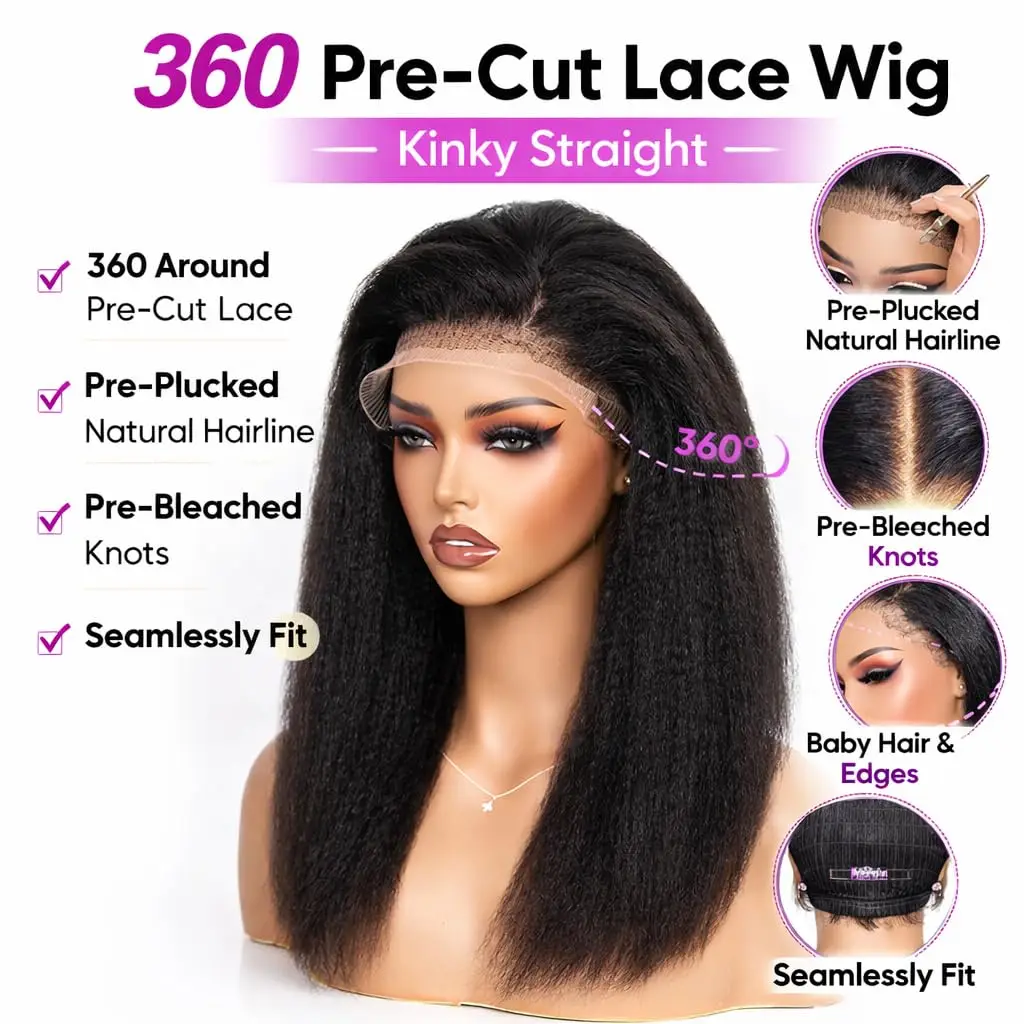 250% Density 360 Full Lace Glueless Wig, Kinky Straight Human Hair with Drawstring