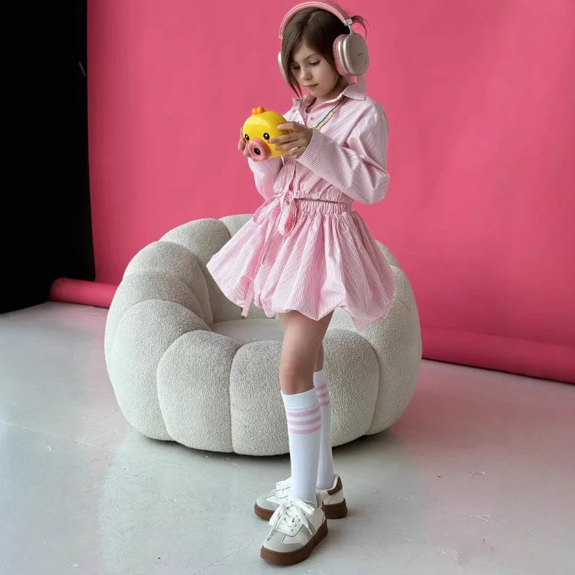 2025 meninas russas primavera e outono algodão listrado americano rendas até camisa meia saia crianças conjunto de duas peças