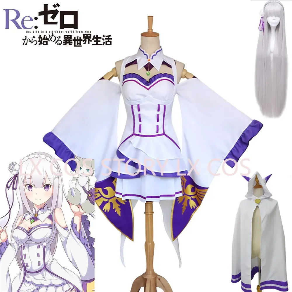 Re Zero Kara Hajimeru Isekai Seikatsu Emilia  Cosplay Costumes Women Dress With Headdress For Halloween Party