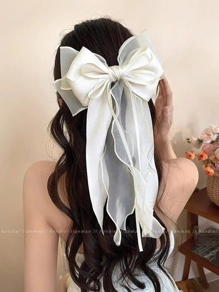 Women Elegant Lace Bow Ribbon Hair Clips Solid Color Satin Bowknot Clips Girls Korean Hairpins Party Headdress Hair Accessories