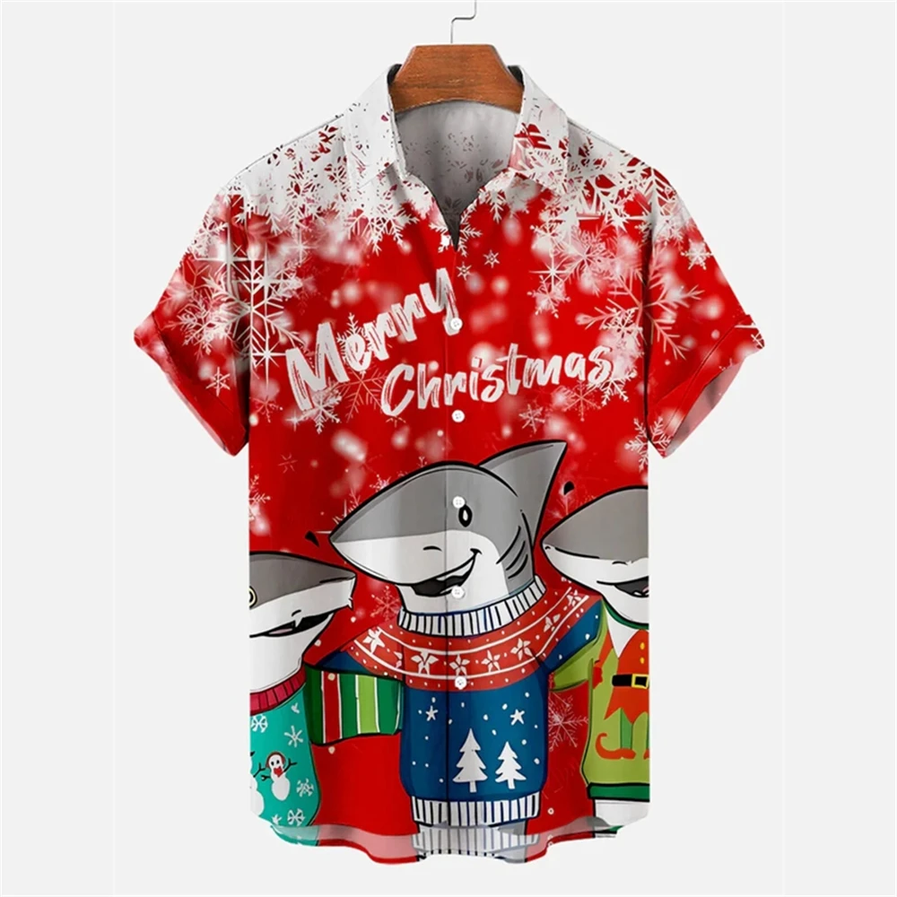 

Christmas Blouse Funny 3D Shark Santa Claus Printed Men's Shirt Casual Short Sleeve Tops X'mas Clothing Oversized Shirts For Men