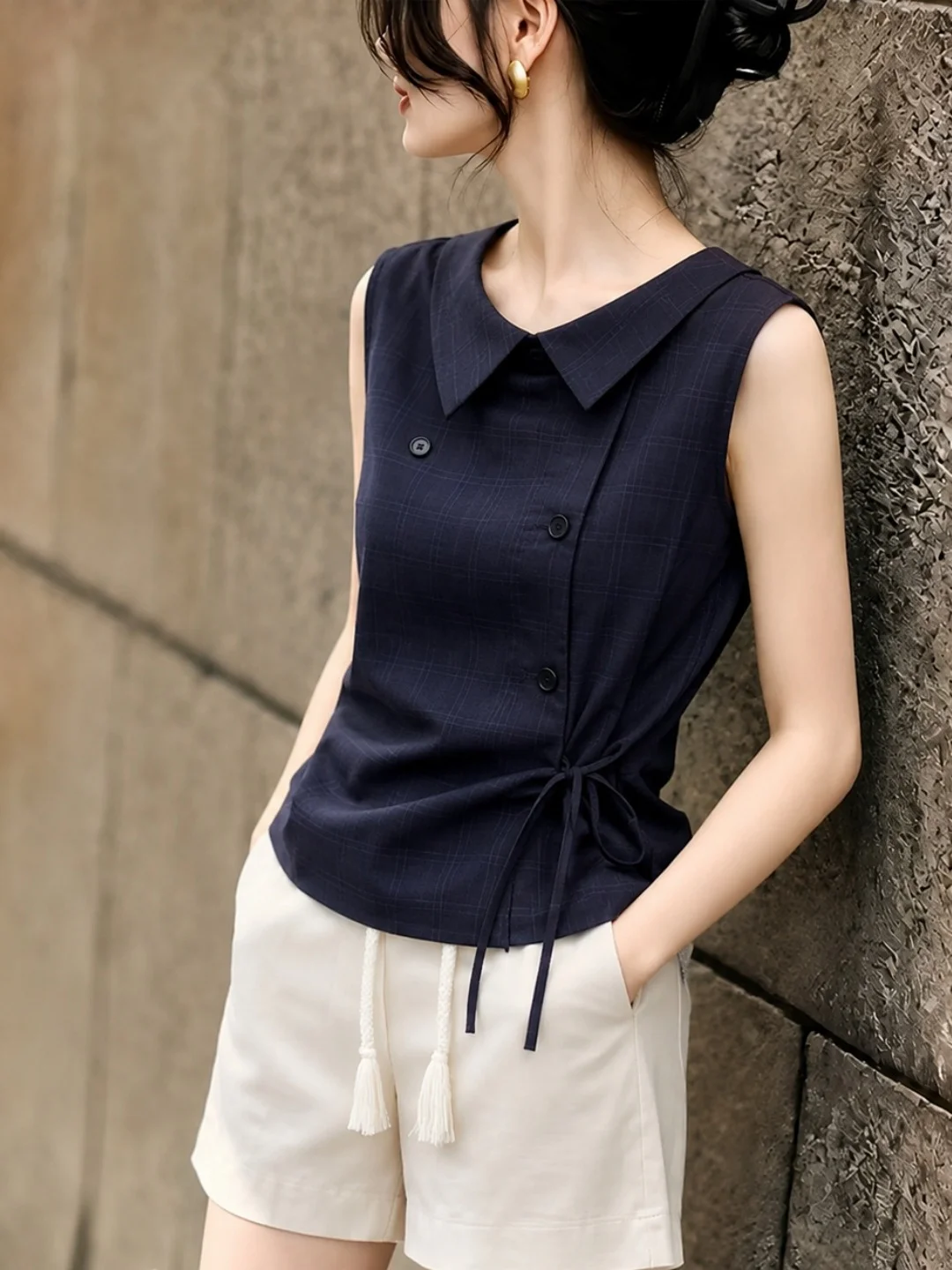 

Korean Style Slim Fit Tank Top Women's Summer Fashion Design Collarless Sleeveless Waist Cinched Vest Soft Fabric