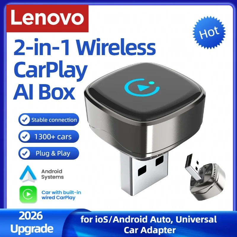 Adaptador Inalámbrico CarPlay de Lenovo para iPhone y Android 2026, 2 en 1, Conexión por Cable a Inalámbrica, Plug & Play, Conexión Automática Bluetooth