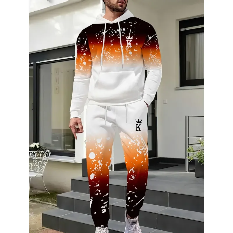 2026 Men's Sports Suit 2 Piece Set Spring Autumn Fashion Running Exercise Outdoor Leisure Gradual Change Pattern Printing