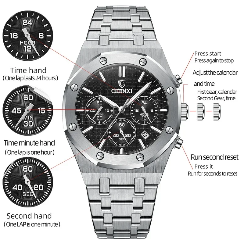 

CHENXI 948 Top Luxury Brand Auto Date Wristwatch Mens Sport Waterproof Multi Function Chronograph Stainless Steel Wristwatches