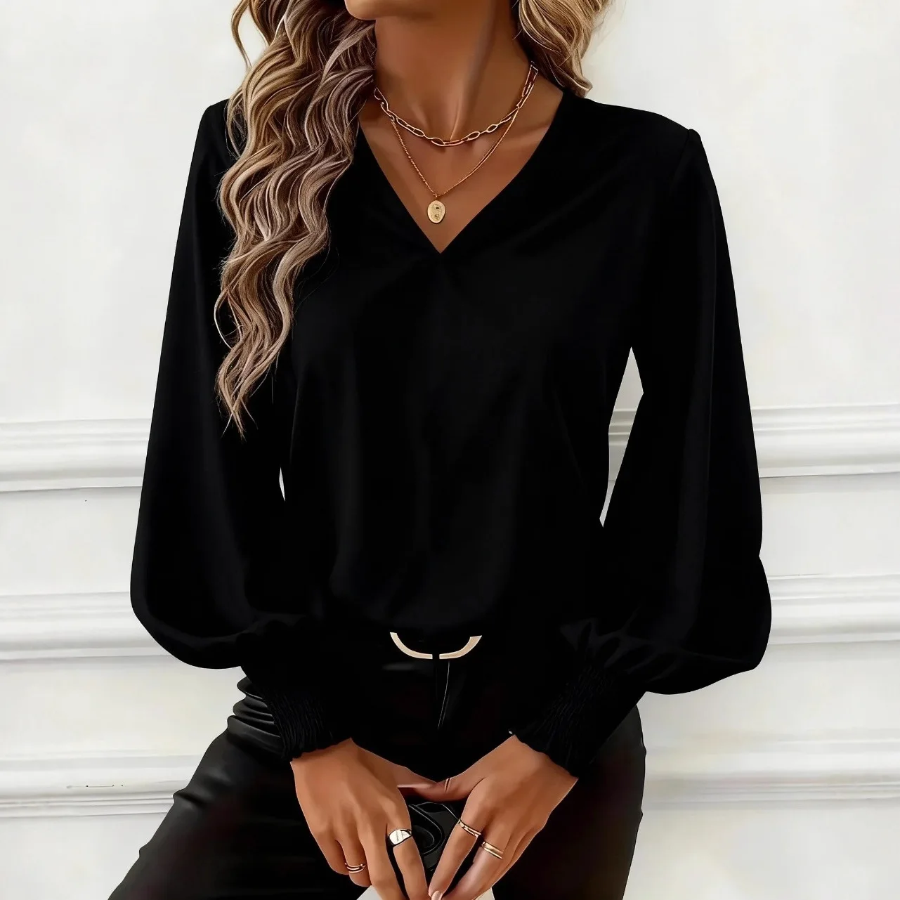 Camicia da donna in chiffon tinta unita con scollo a V pullover svasato a maniche lunghe camicia da ufficio elegante camicette larghe kaki da donna