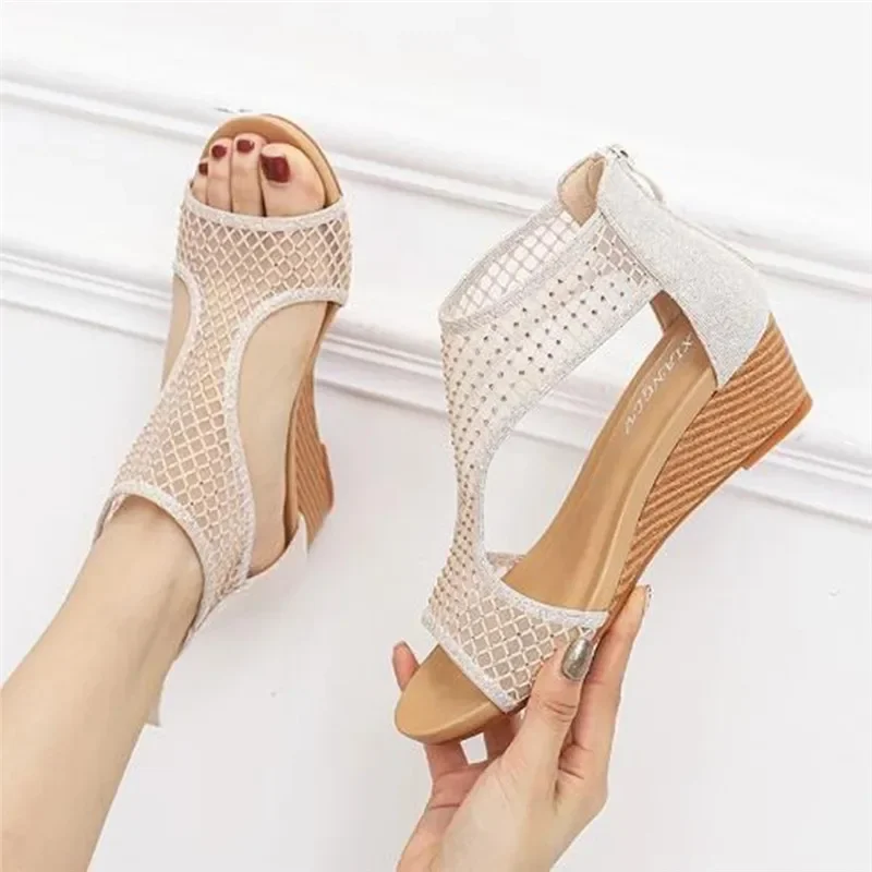 BEYARNE elegant Lace mesh shoes women sandals wedge summer fashion roman ladies sandles party gladiator female sandalias