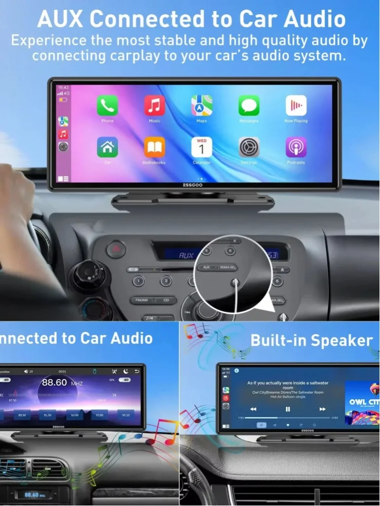 ESSGOO Przenośne Radio Samochodowe 10.26 Cala HD IPS Ekran Dotykowy Bezprzewodowe Carplay Android Auto AUX Bluetooth 5.3 Mirror Link SurperLink Dla Furgonetki Ciężarówki Pickupa Sedana Kampera — 2