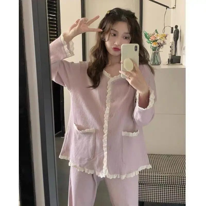 

Sweet Style Lace Pajamas Bow Tie Pajamas Girl Autumn and Winter Long Sleeved Trousers Simple Style Student Dormitory Home Clothe