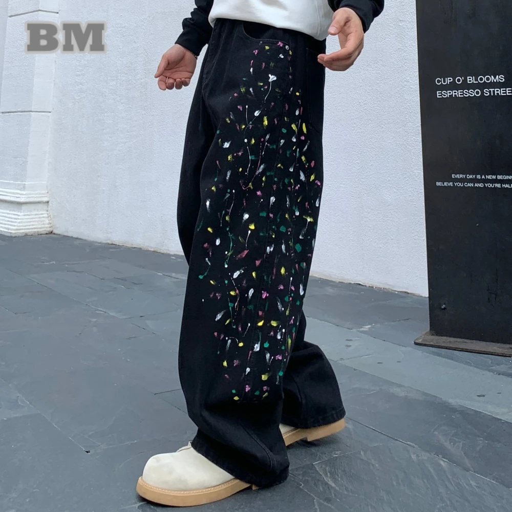 

‌American High Street Trendy Baggy Jeans Men Loose Fit Straight Leg Color Graffiti Splash Paint Denim Pants Hip Hop Black
