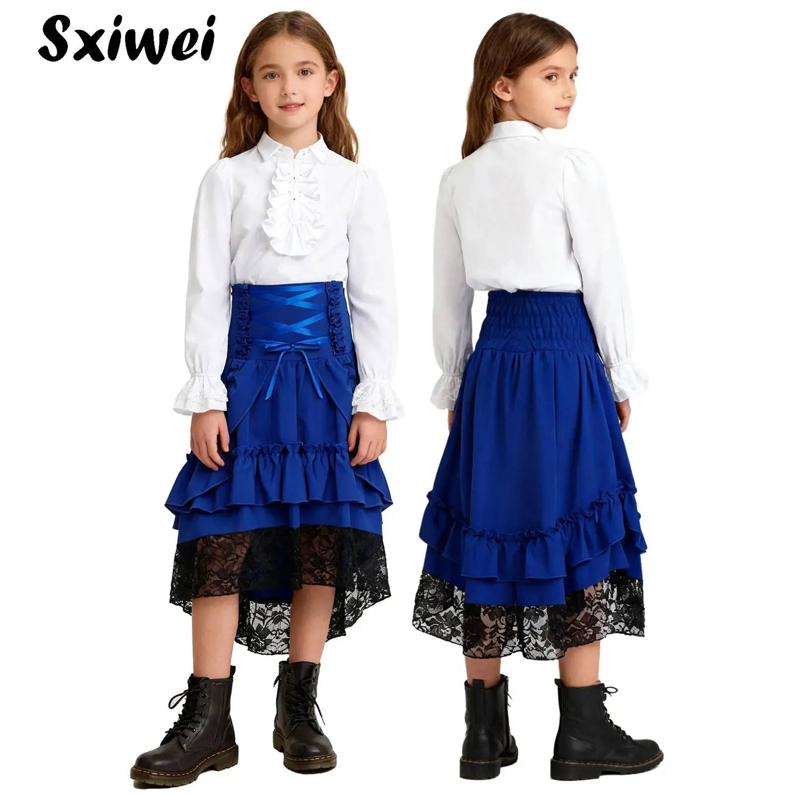 

Medieval Renaissance Girls Princess Outfits Halloween Vintage Victorian Costume White Ruffle Cuffs Shirt and Layered Skirt Set