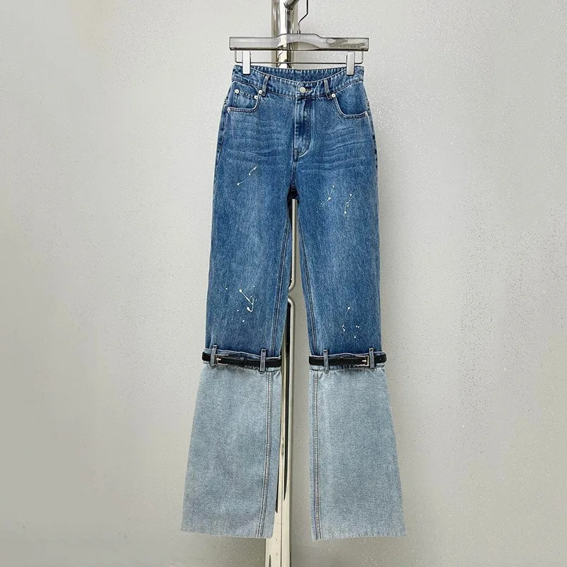 Hipster Denim Jeans Women Patchwork Wide Leg Pants Runway Luxury Stitch Straight Trousers Knee Belt Street Stylish Harajuku 2026