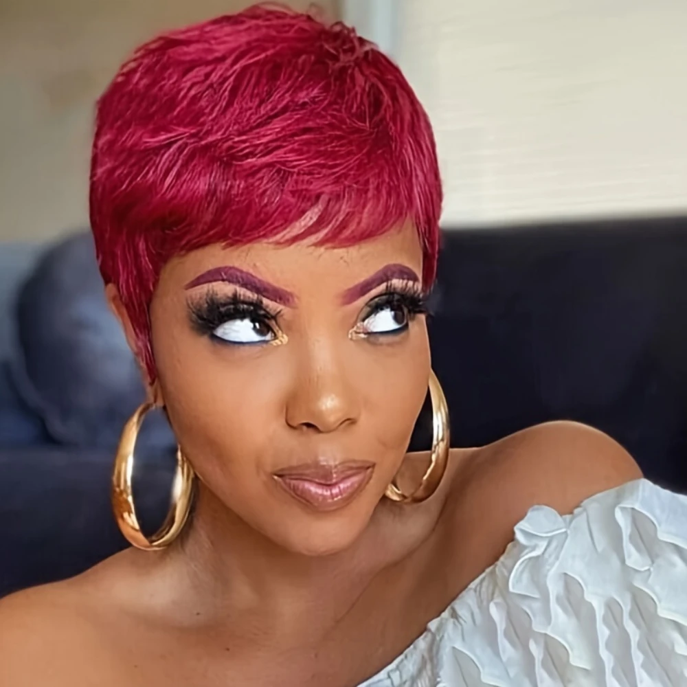 99Jカラーピクシーカットストレート人毛ウィッグ女性用フルマシンメイドウィッグショートレイヤードストレートウィッグ前髪付き