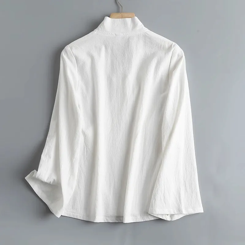 新中式改良純綿麻長袖唐装婦人服襟付きベルト付き漢服茶会衣装春夏日常着